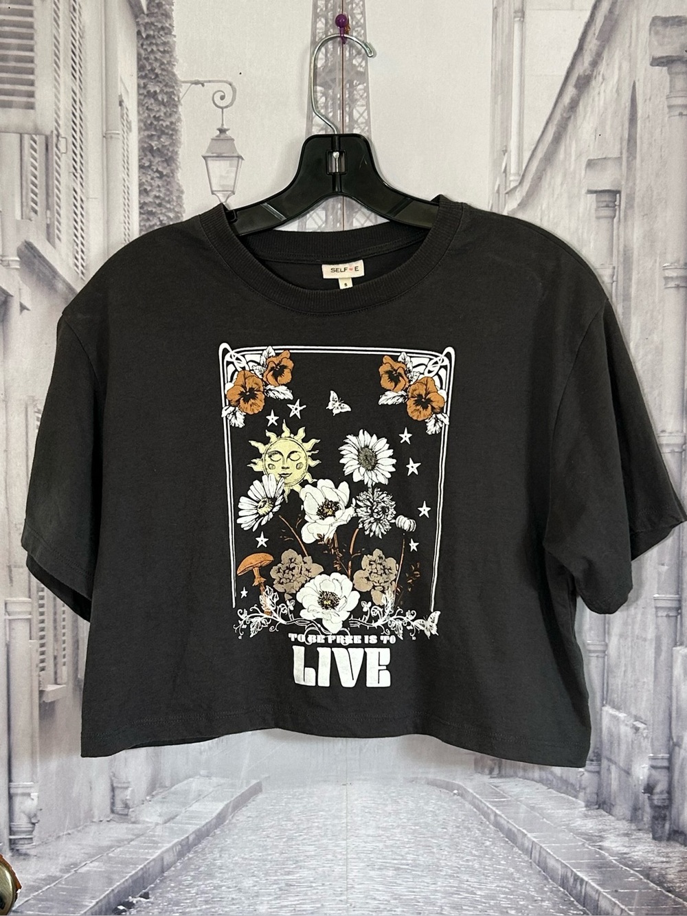 Gray Crop Tee with Floral and Sun Graphic